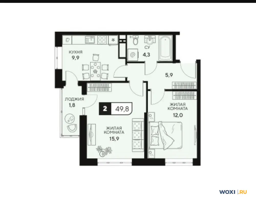 2-комн. квартира, 52 м², 13/15 эт.