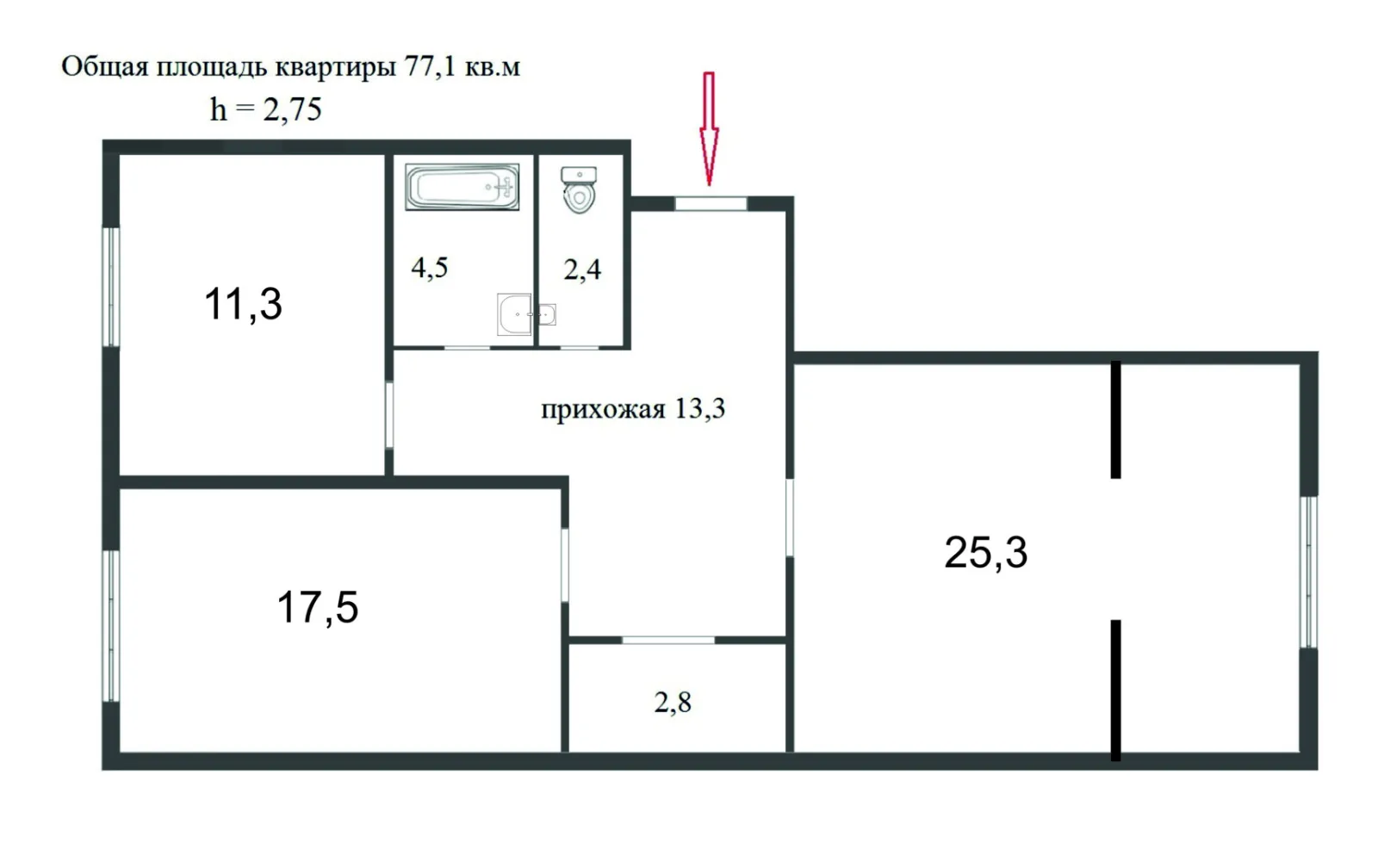 2-комн. квартира, 77,1 м², 3/16 эт.