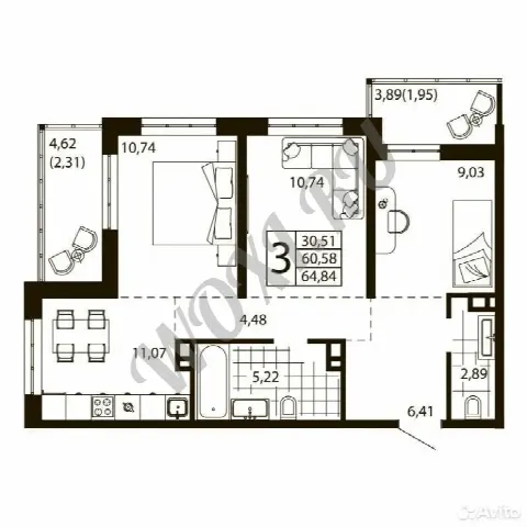 3 комн., 63,7 м², 21 этаж из 24