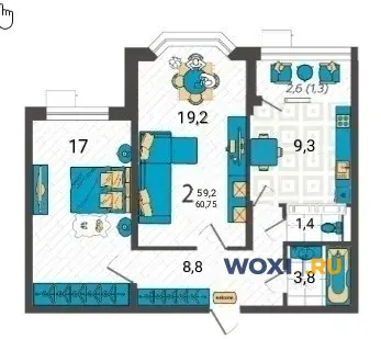 2-комн. квартира, 61 м², 8/9 эт.