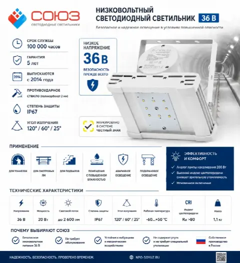 Низковольтный светодиодный светильник СОЮЗ 23-20/1-67 (36В).