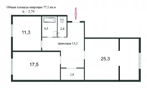 2-комн. квартира, 77,1 м², 3/16 эт.